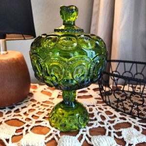 Le Smith Mid Century Green Glass Pedestal Box